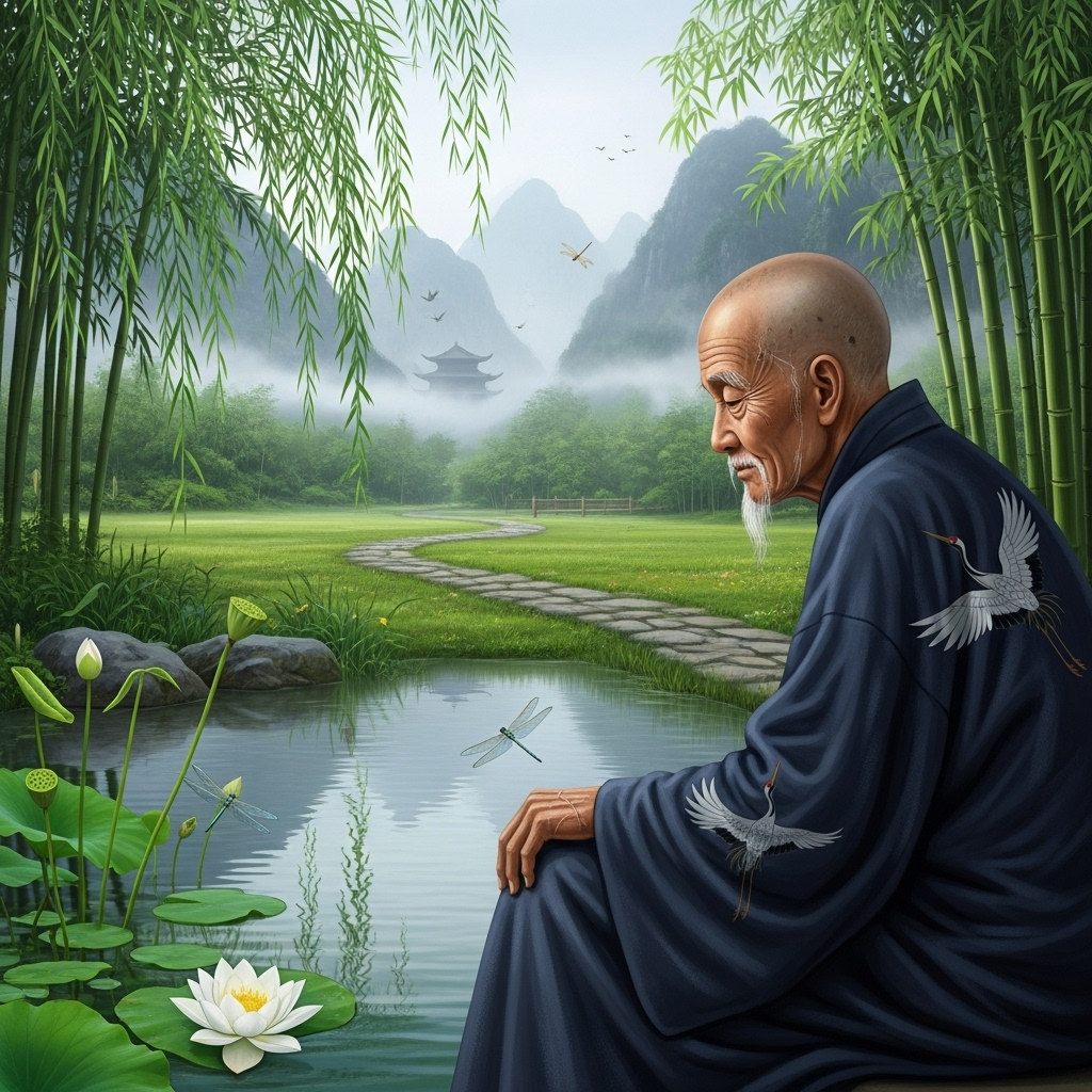 상선약수 An old man resembling Laozi, with a long white beard and traditional robes, sitting contemplatively beside a calm pond under a weeping willow tree. The scene is an ancient Chinese landscape with distant mountains shrouded in mist. No text.