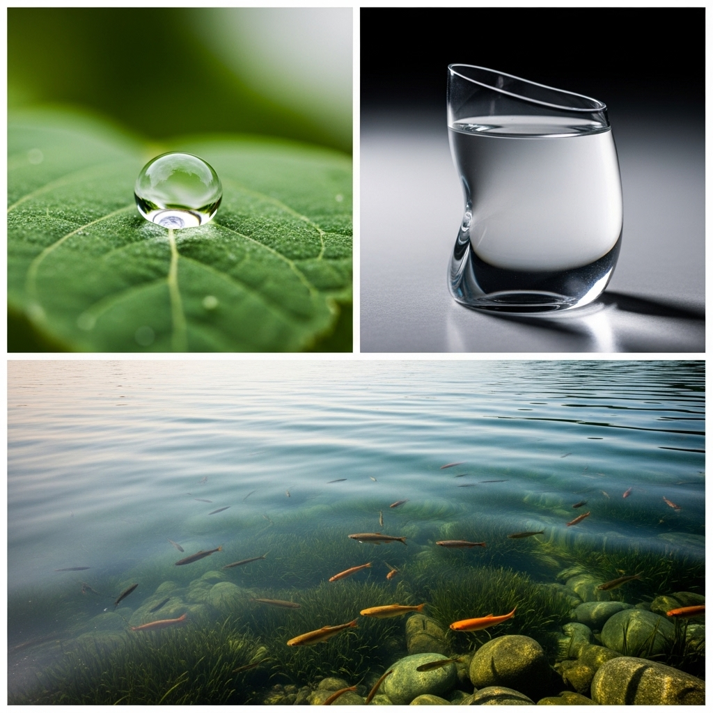 상선약수 A triptych showing three close-up shots: 1) a single, clear drop of water gently resting on a vibrant green leaf, 2) water perfectly filling a uniquely shaped, modern glass, and 3) a vast, calm body of water with various small fish swimming beneath the surface, symbolizing diverse life. No text.