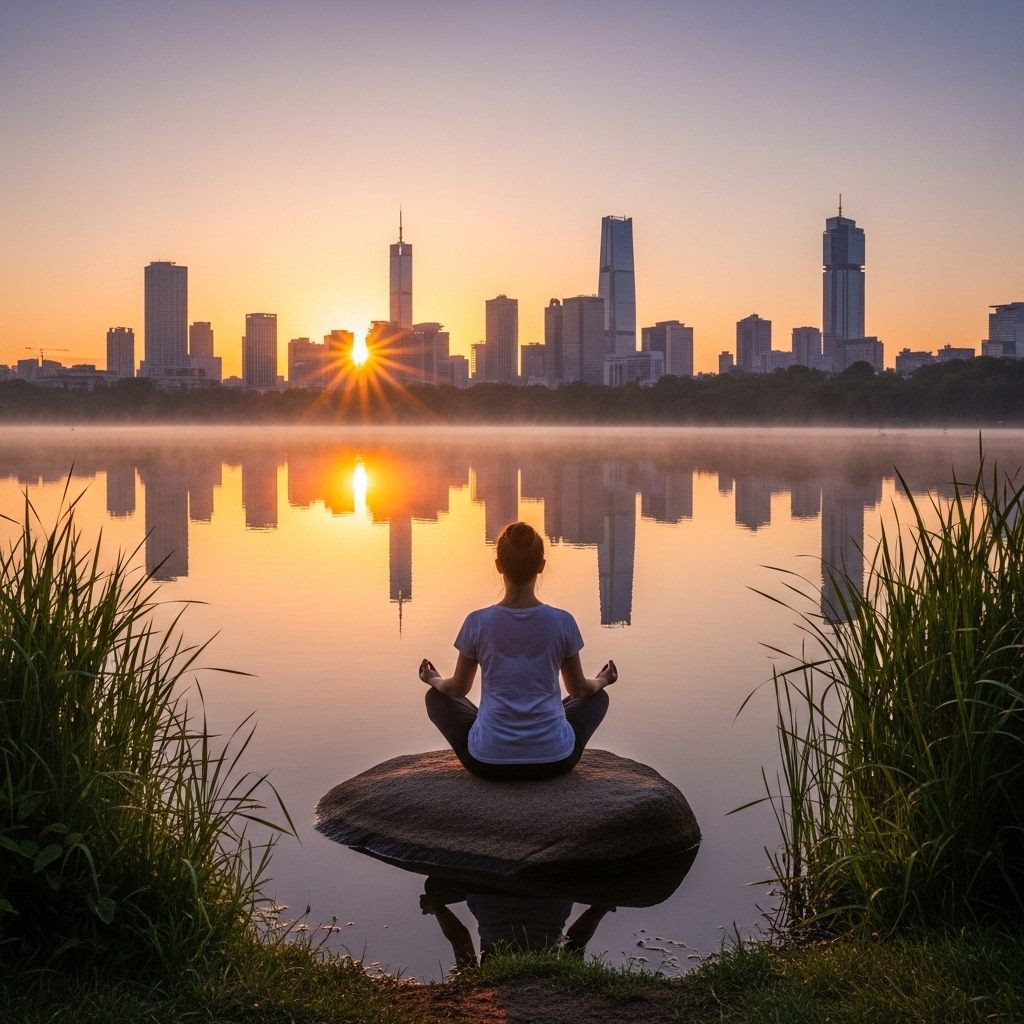 상선약수 A person meditating in a serene lotus position on a flat rock by a calm lake at sunrise, with a modern city skyline subtly blurred in the far background, symbolizing peace amidst urban life. No text.