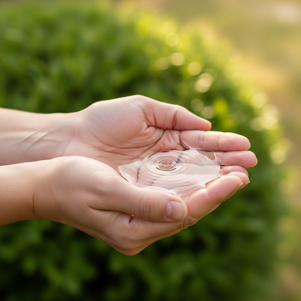 상선약수 Gentle hands cupped together, carefully holding a small amount of crystal clear water, with a blurred background of a tranquil, sunlit garden filled with soft green foliage. No text.