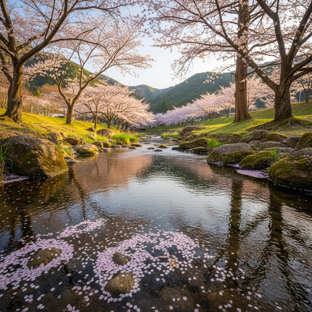 낙화유수 A beautiful and serene scene of cherry blossoms falling onto a gently flowing stream, with soft sunlight filtering through the trees. The water is clear, reflecting the sky. No people or text are visible.