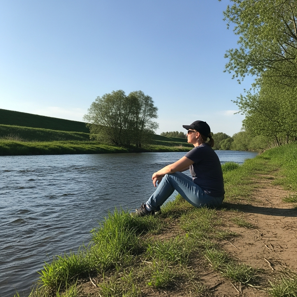낙화유수 A person sitting peacefully by a flowing river, looking thoughtful but calm. The background shows a lush, green landscape under a clear sky. The person is an adult, dressed in casual, comfortable clothing. No specific facial features are distinct.