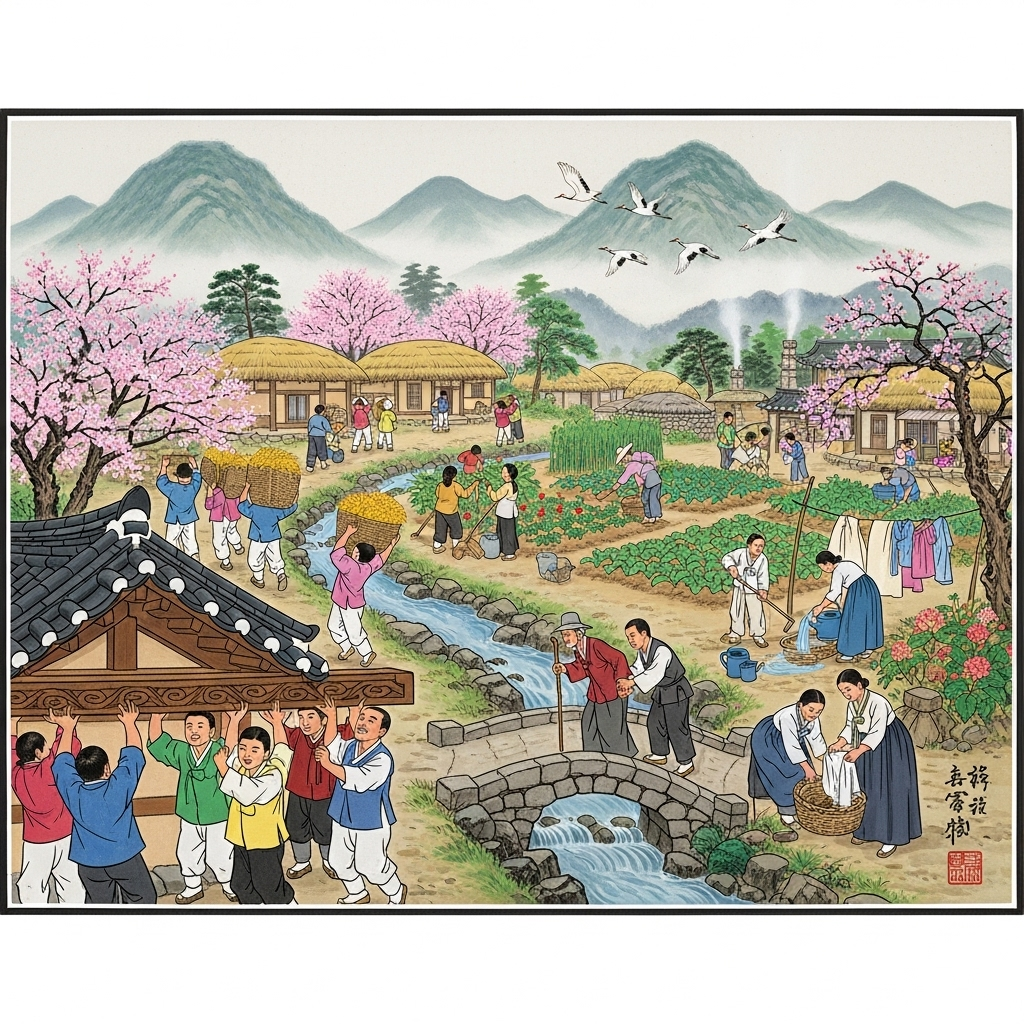 동주공제 A traditional Korean painting style illustration showing people working together harmoniously, helping each other in a peaceful village setting with traditional houses and mountains in the background