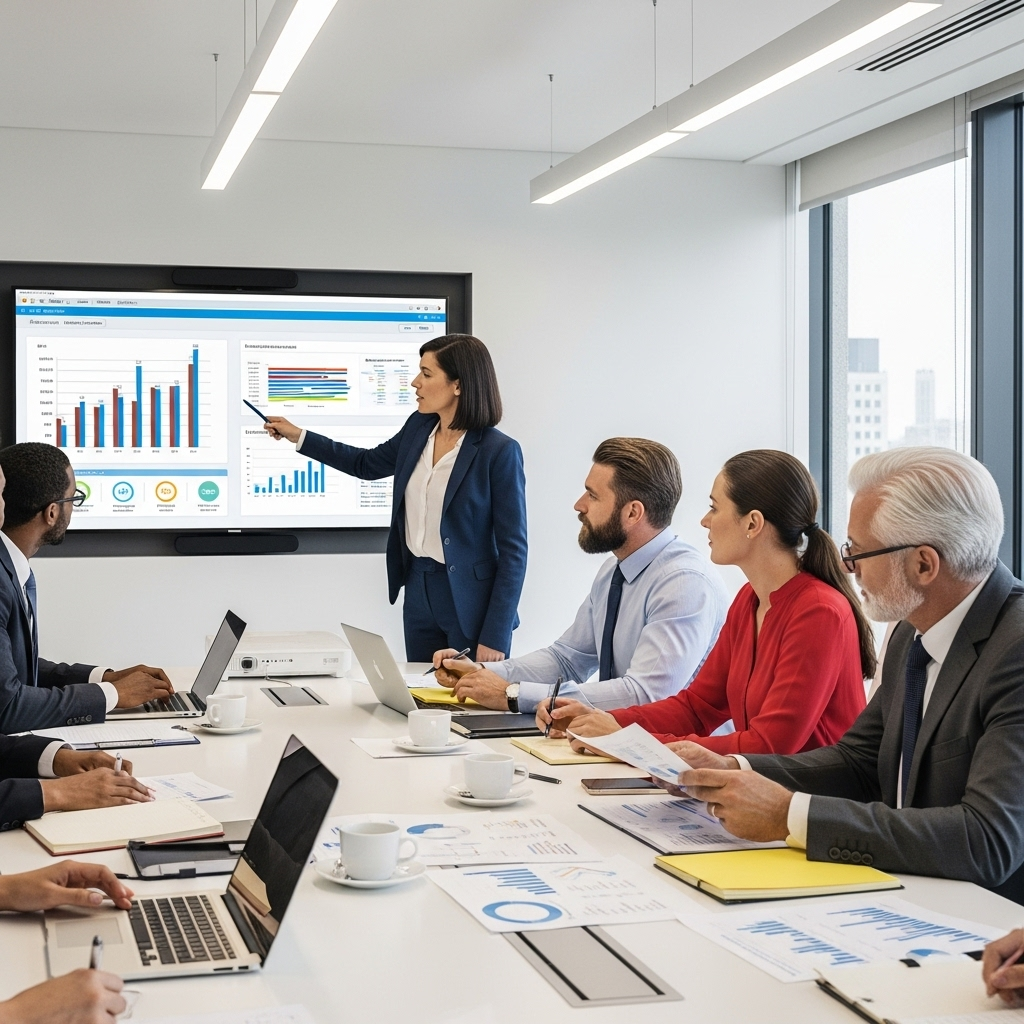 동주공제 A modern corporate meeting scene showing diverse business people from different backgrounds collaborating around a conference table with charts and documents, symbolizing teamwork and cooperation