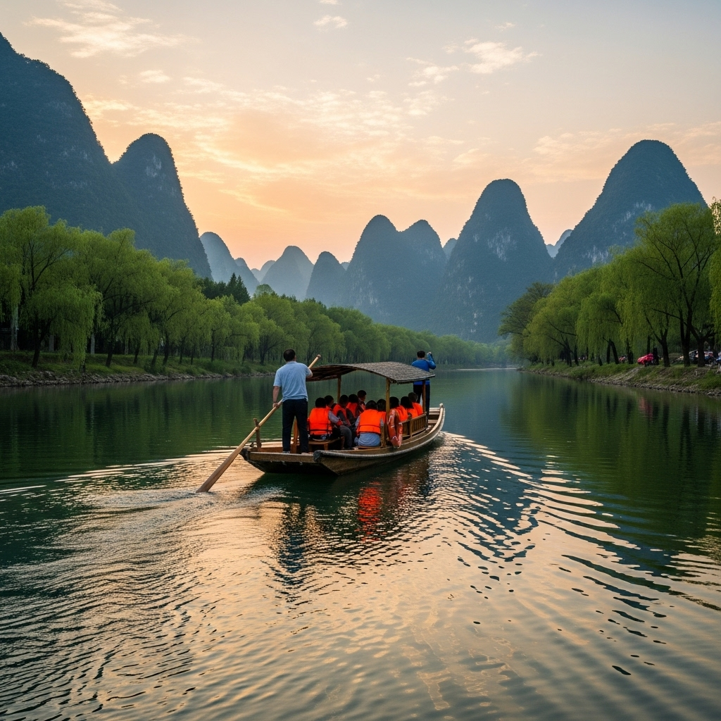 동주공제 A serene landscape showing a traditional wooden boat crossing a calm river with multiple passengers working together, mountains and willow trees reflecting in the water under a gentle sunset sky
