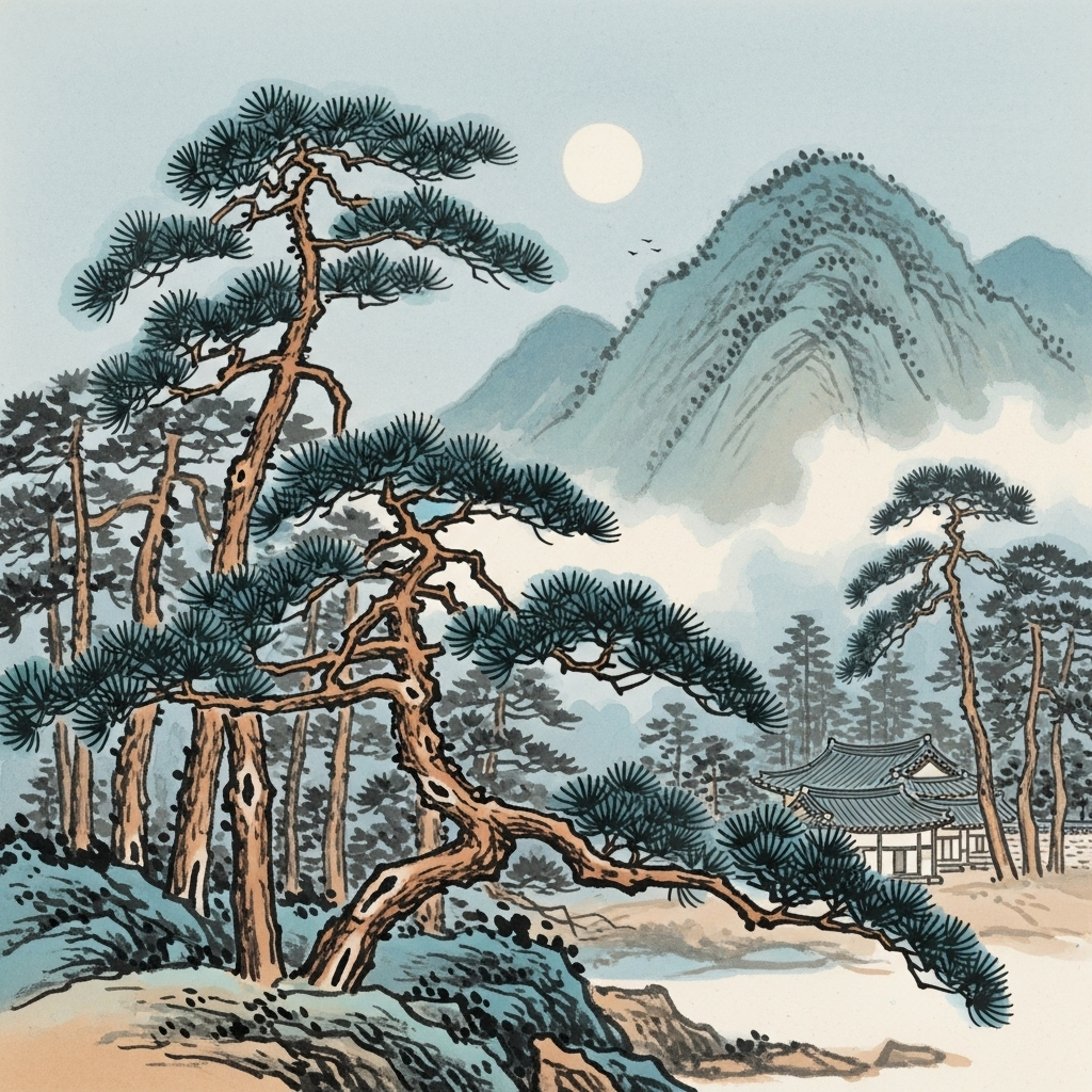 청풍명월 A serene traditional Korean landscape with gentle wind blowing through pine trees under bright full moon, peaceful mountain scenery in soft watercolor style