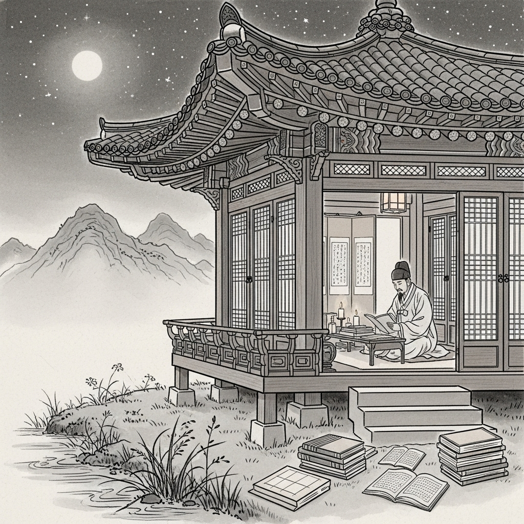 청풍명월 Ancient Korean scholar sitting in traditional hanok pavilion, reading books under moonlight with gentle breeze, traditional ink painting style
