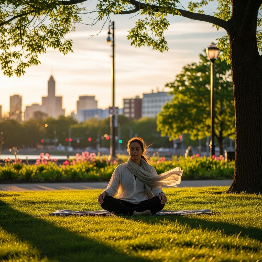 청풍명월 Modern person meditating peacefully in urban park at sunset, surrounded by gentle breeze and soft evening light, realistic photography style