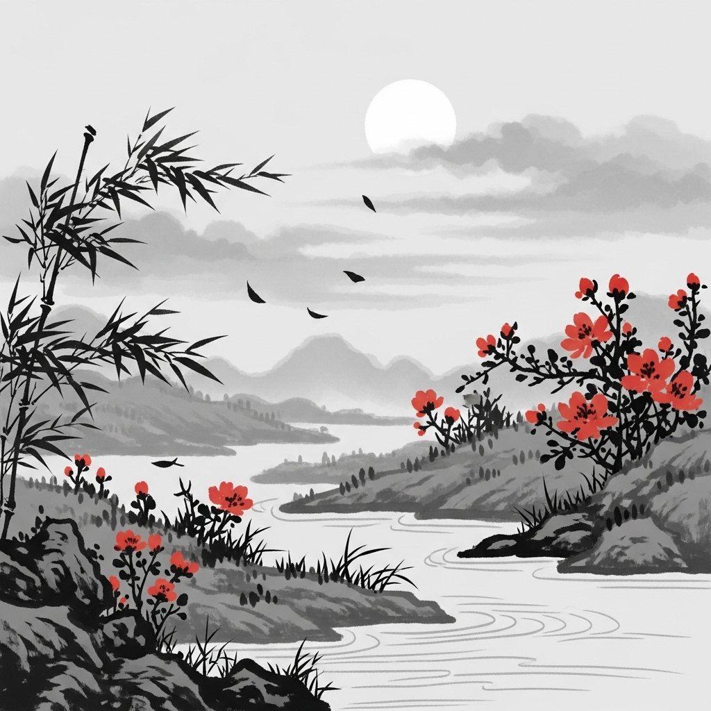 청풍명월 Traditional East Asian ink wash painting showing comparison between different natural elements - clear wind, bright moon, flowing water, blooming flowers in artistic harmony