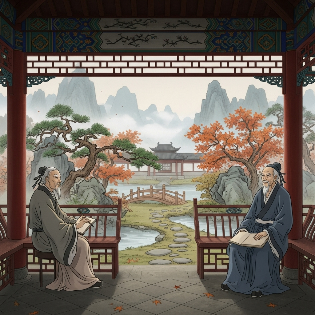 일엽지추 Ancient Chinese scholars sitting under a pavilion observing falling leaves, with traditional Chinese architecture and autumn scenery in the background, painted in classical Chinese art style