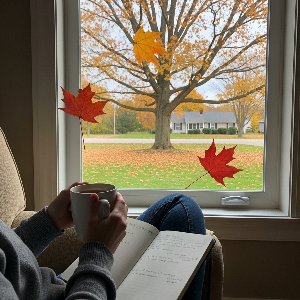 일엽지추 A person sitting by a window with a notebook, observing autumn leaves outside while drinking tea, representing mindful observation and contemplation in daily life