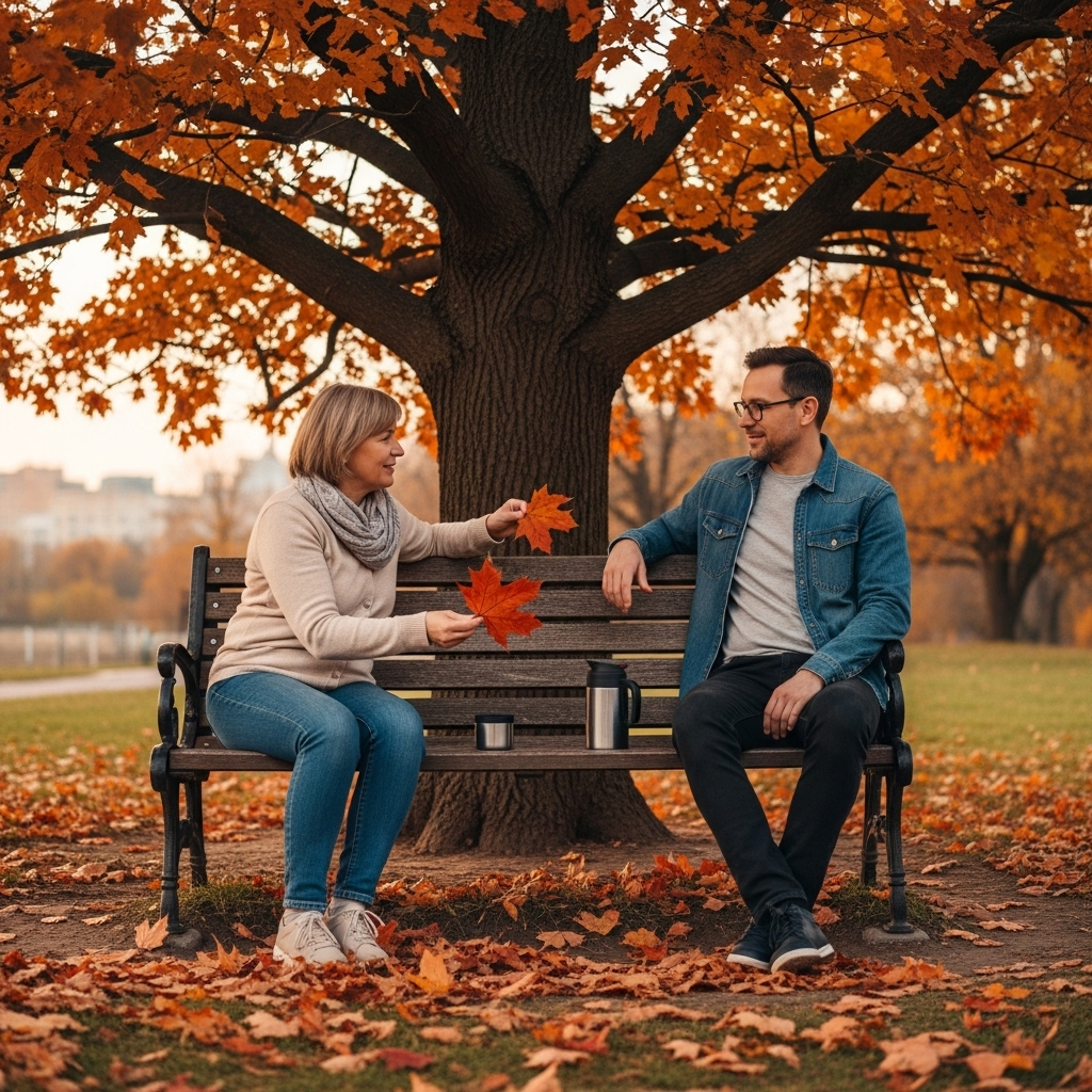 죽마고우 Two elderly friends sitting on park bench sharing memories, warm autumn setting, fallen leaves around, peaceful and nostalgic atmosphere
