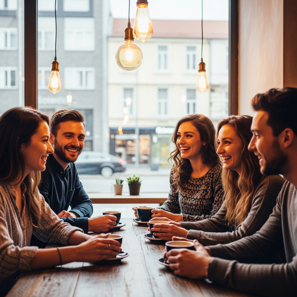 죽마고우 Modern friends meeting at cozy cafe, warm lighting, coffee cups on table, genuine smiles and conversation, contemporary urban setting