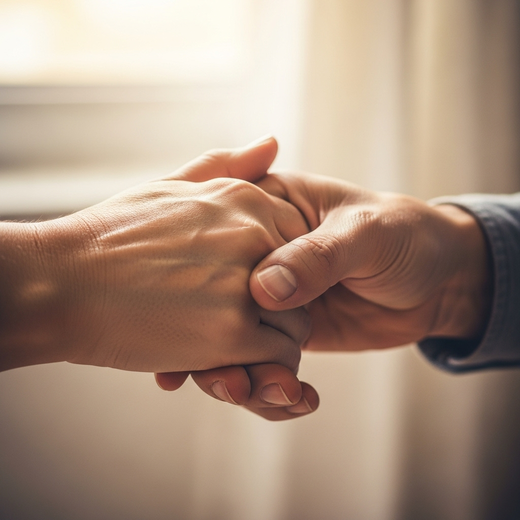 죽마고우 Two hands reaching toward each other in friendship gesture, soft natural lighting, symbolic representation of lasting friendship, warm color tones