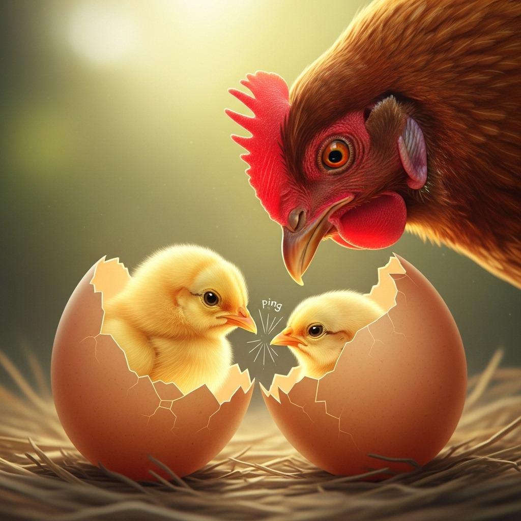 줄탁동시 A vibrant, detailed illustration of a baby chick inside an egg, gently tapping the shell from the inside, while an adult hen outside is carefully pecking at the same spot, both actions perfectly synchronized. The background is soft and warm, depicting a nurturing environment. No text on the image.