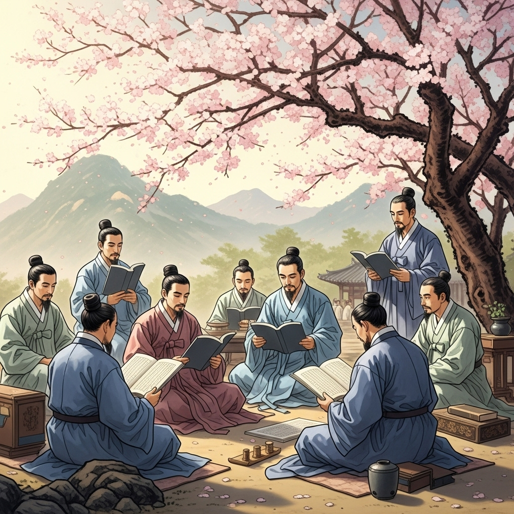 시절인연 Traditional Korean scholars sitting under a blooming cherry tree, discussing philosophy with ancient books, peaceful mountain landscape in background, warm spring sunlight filtering through branches