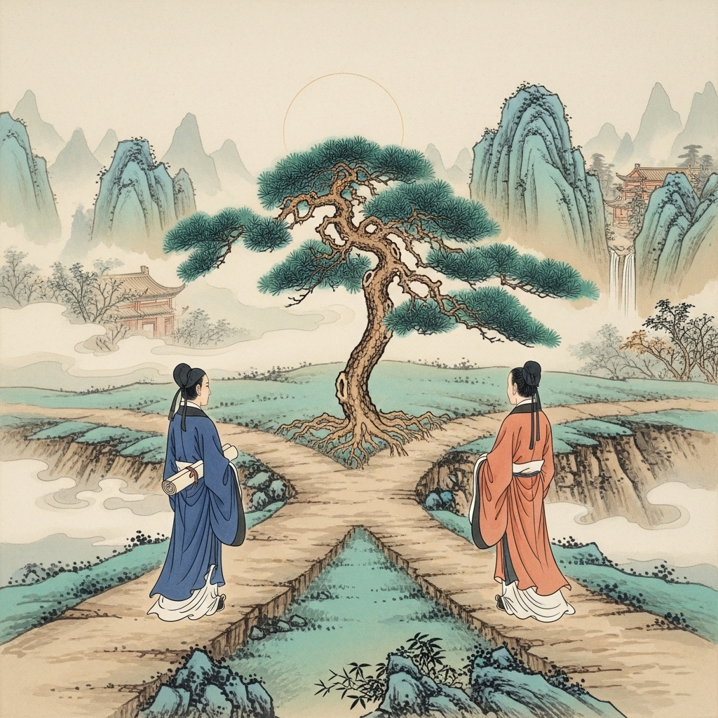 시절인연 Ancient Chinese painting style showing two people meeting at a crossroads with four seasons changing in the background, symbolic representation of timing and fate