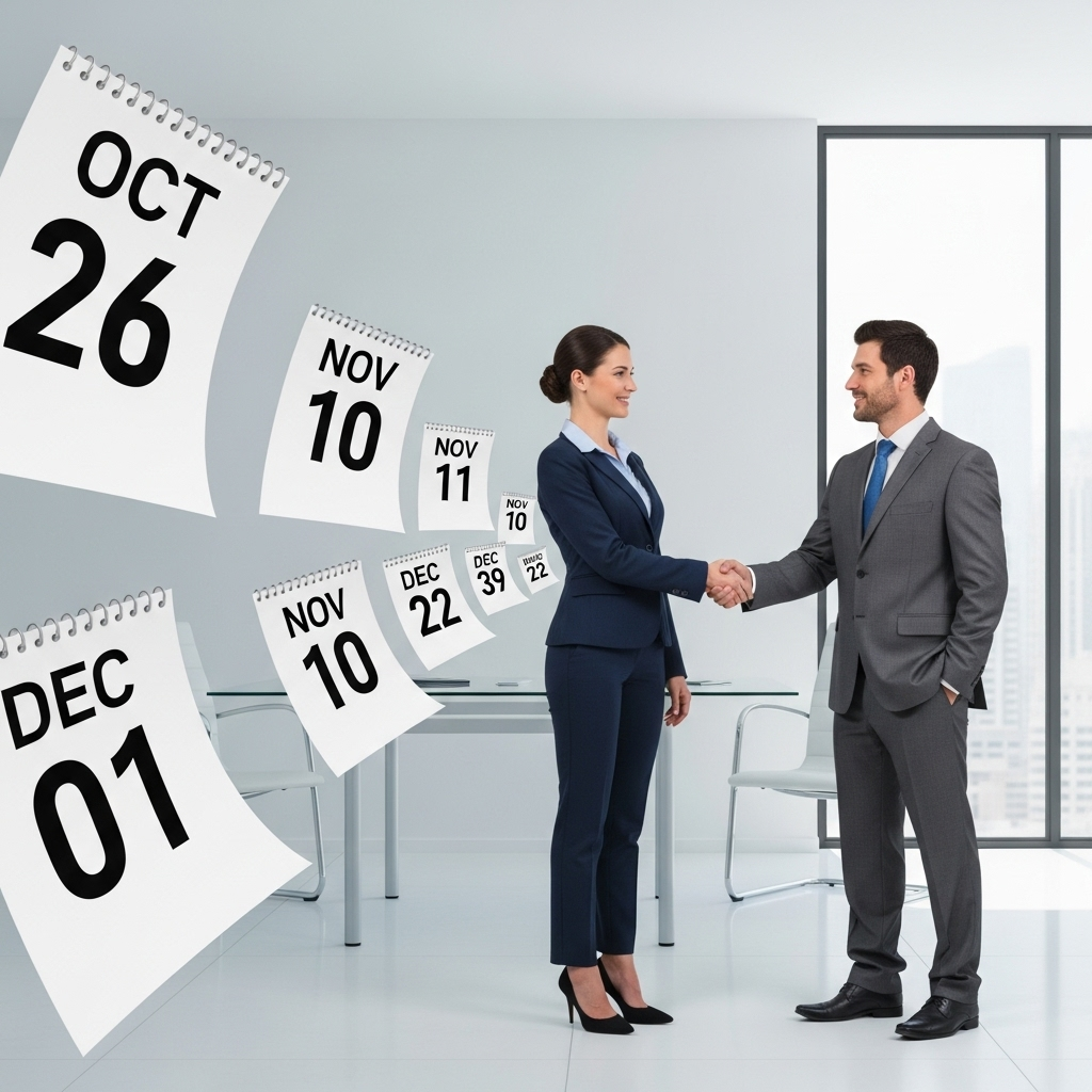 시절인연 Modern office setting with two professionals shaking hands, with calendar pages floating around them showing different dates, symbolizing perfect timing in business meetings