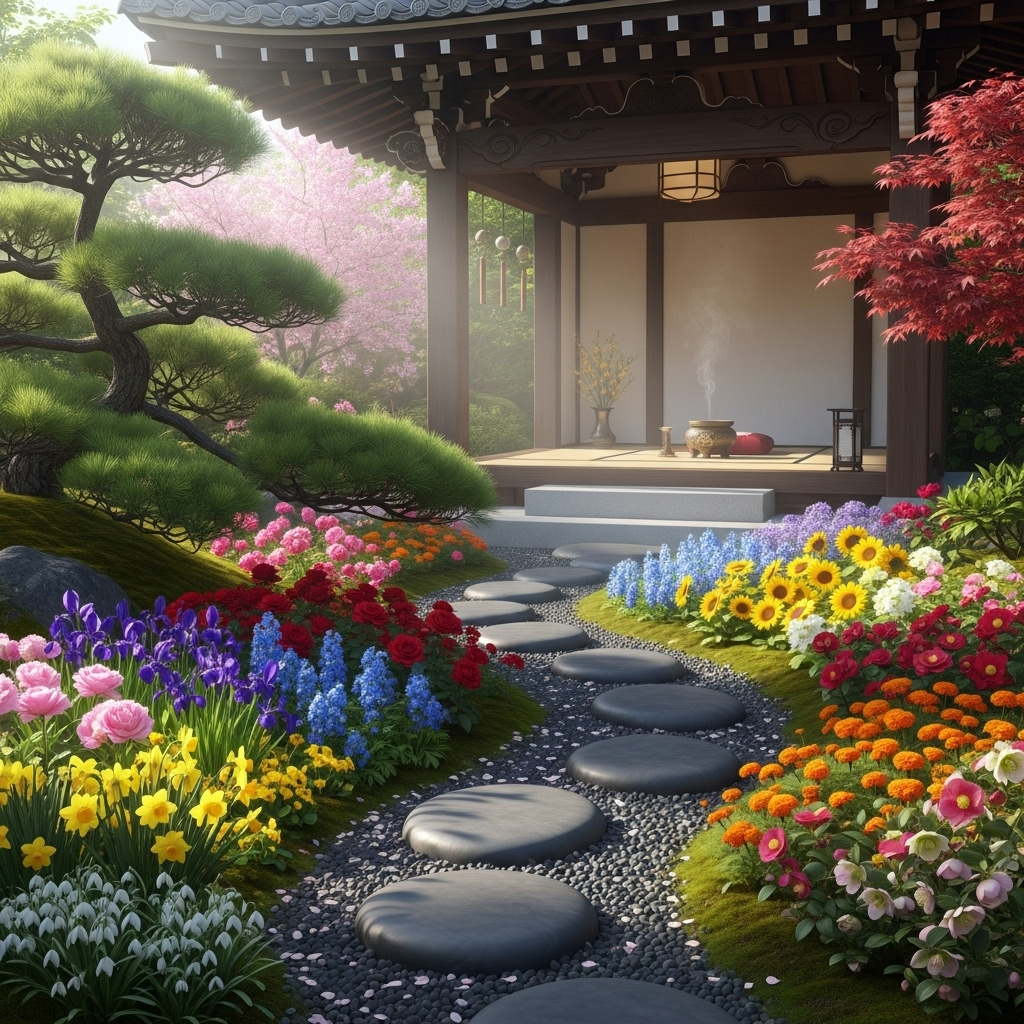 시절인연 Peaceful meditation garden with stepping stones leading to a traditional pavilion, surrounded by blooming flowers representing different seasons, soft morning light