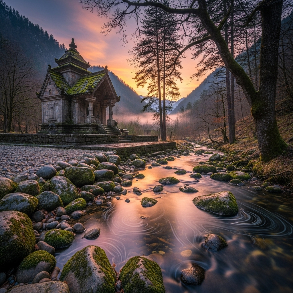 일체유심조 A serene, ancient temple scene with a clear mountain stream, reflecting the sky. No people, just nature's tranquility. The sun is gently rising or setting, casting warm light.