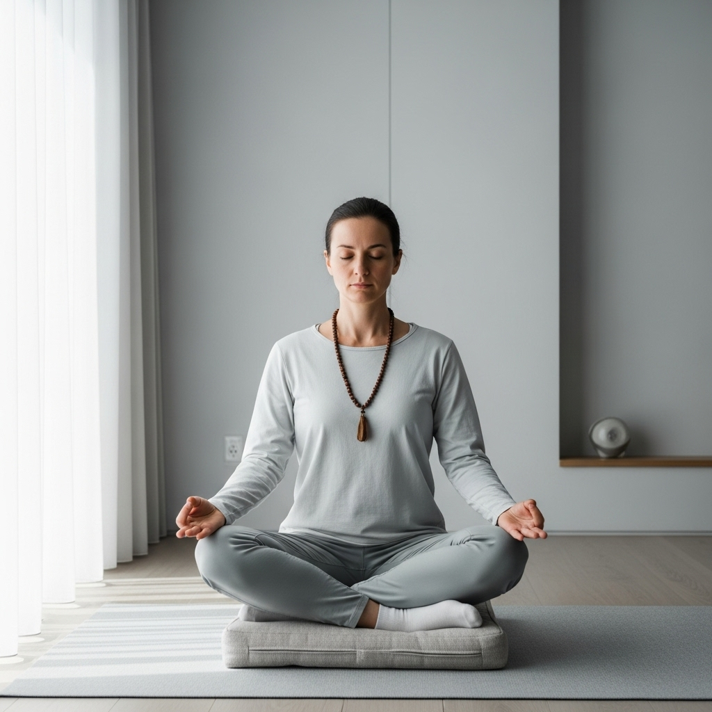 일체유심조 A person meditating in a peaceful, minimalist room with soft natural light, conveying a sense of calm and inner strength. No text on the image.