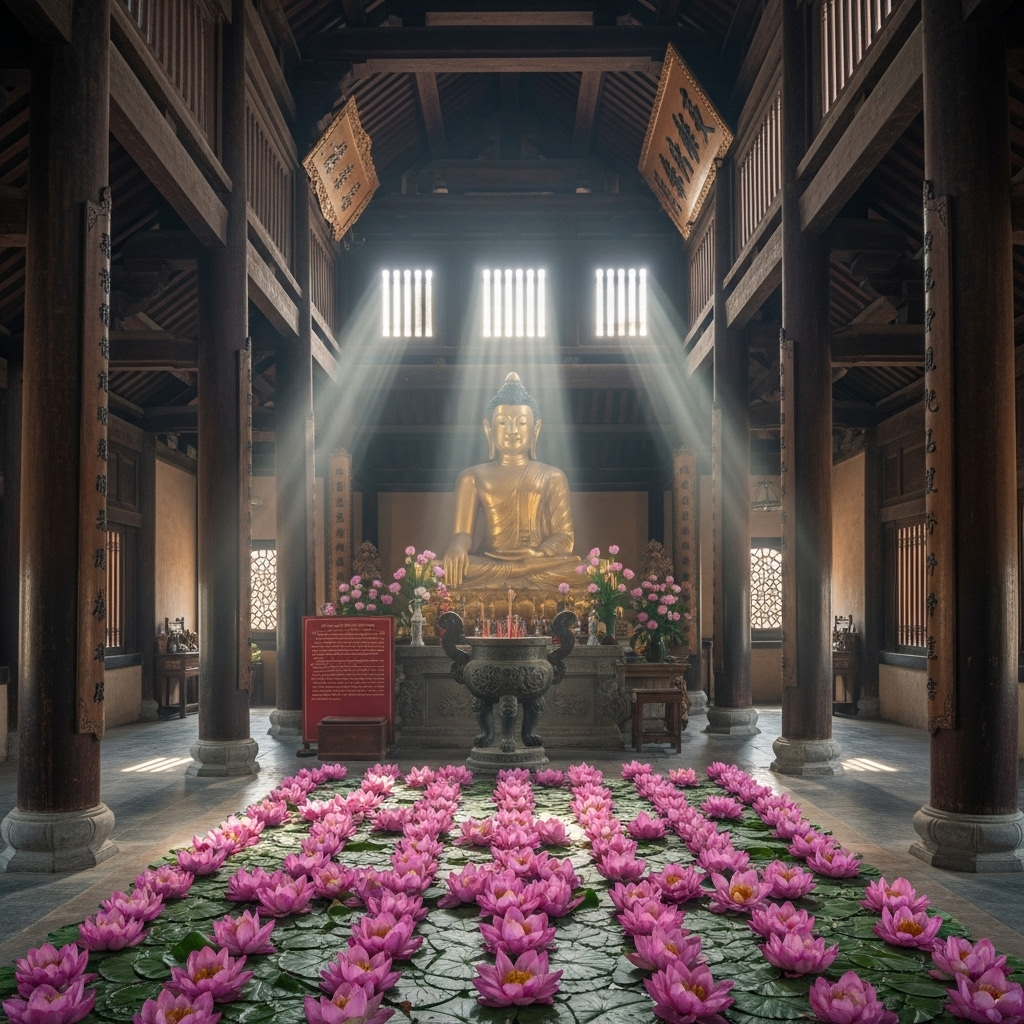 공즉시색 Ancient Buddhist temple with golden Buddha statue surrounded by lotus flowers and soft morning light, peaceful meditation atmosphere, traditional architecture