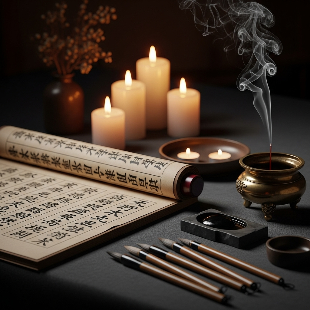 공즉시색 Serene meditation scene with ancient Buddhist scripture scrolls, incense burning, soft candlelight, traditional Asian calligraphy brushes and ink