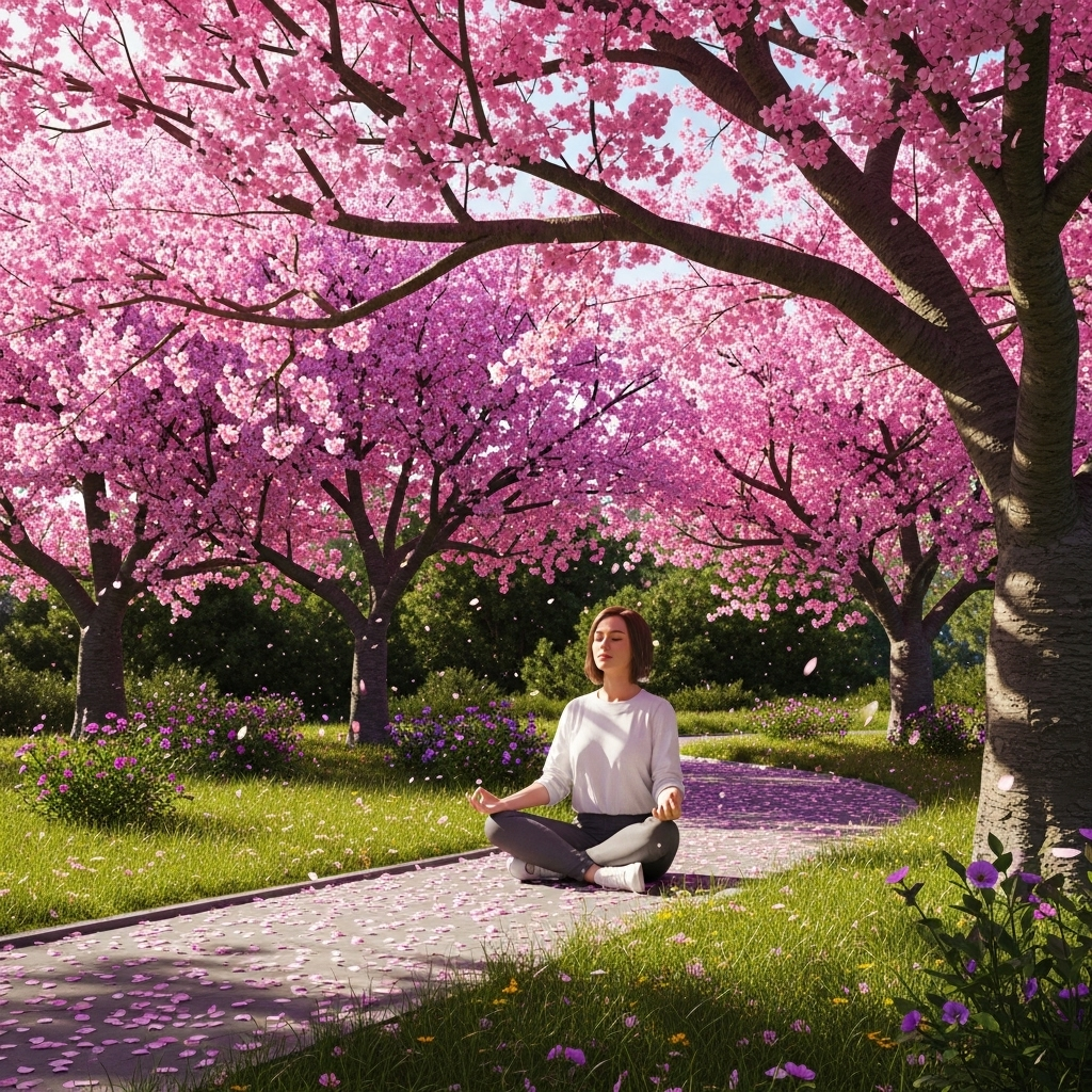공즉시색 Modern person meditating in peaceful garden setting with blooming cherry blossoms, gentle sunlight filtering through trees, zen atmosphere