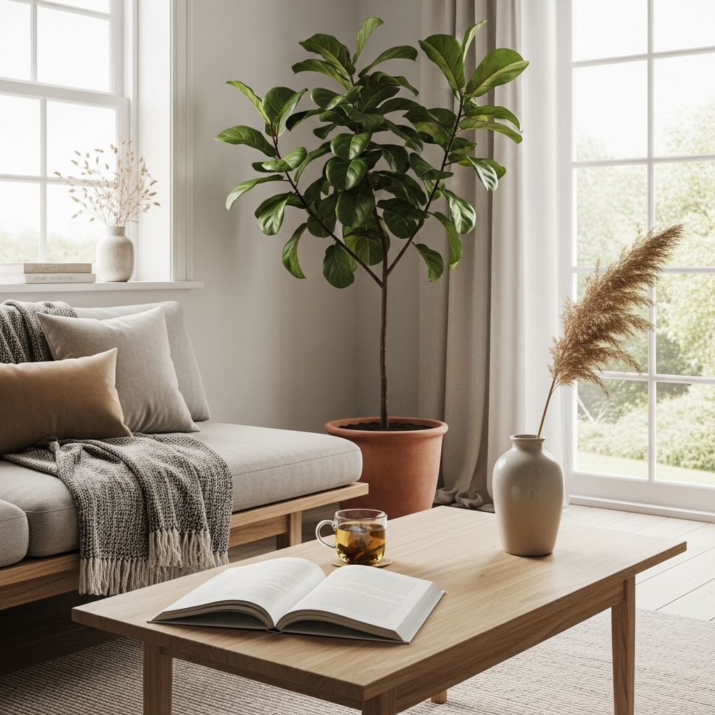 공즉시색 Minimalist modern living space with natural lighting, simple furniture, plants, representing mindful living and contentment
