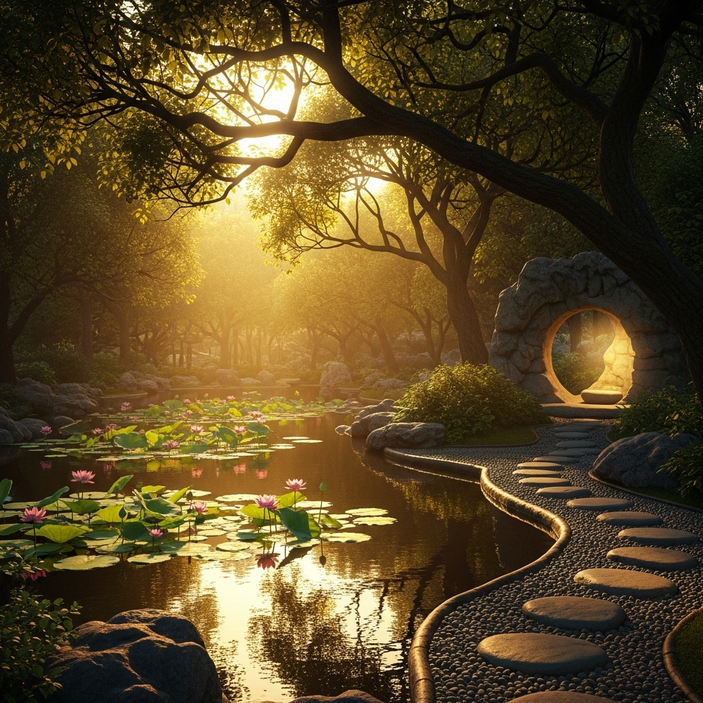 무생법인 A serene meditation scene with soft golden light filtering through trees, showing a peaceful garden with lotus flowers blooming in a calm pond, representing inner peace and wisdom