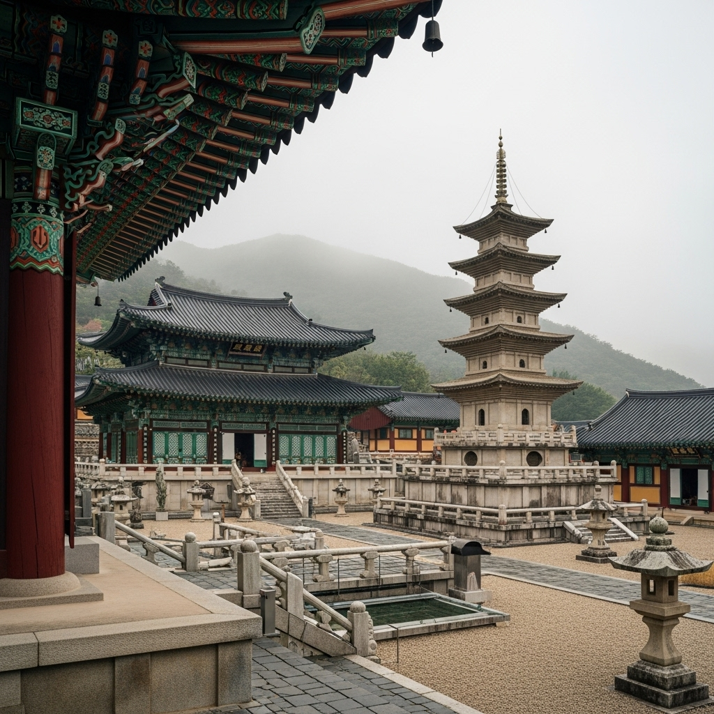 무생법인 Ancient Buddhist temple architecture with traditional pagoda silhouette against mountain backdrop, featuring calm morning mist and traditional Korean or Chinese architectural elements