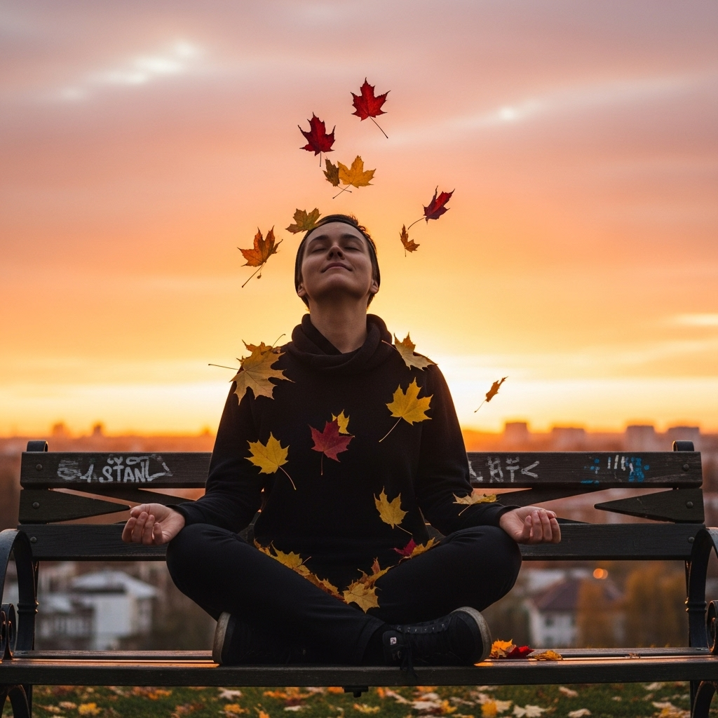 무생법인 Modern person sitting peacefully in urban park during sunset, surrounded by falling autumn leaves, representing mindfulness and acceptance in contemporary life
