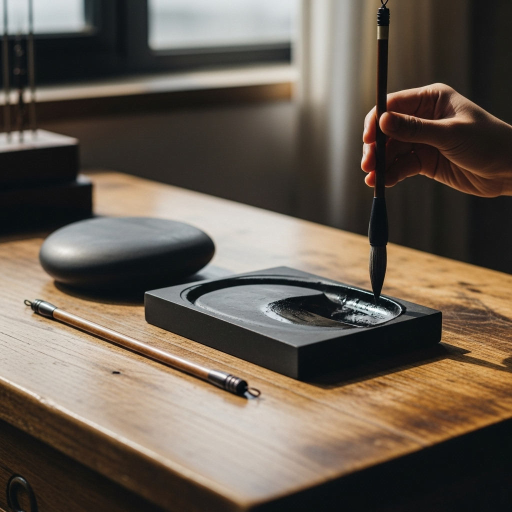 무생법인 Traditional East Asian calligraphy brush and ink stone on wooden desk with soft natural lighting, representing wisdom and learning of ancient proverbs