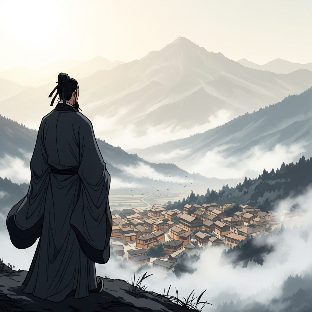 조고각하 A wise elderly scholar standing on a tall mountain peak, looking down at a peaceful village below, traditional Asian painting style with mist and flowing robes, no text visible
