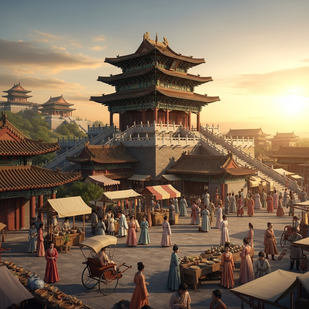조고각하 Ancient Chinese palace with tall pavilion overlooking a bustling marketplace, traditional architecture with curved roofs, people in historical clothing below, golden hour lighting