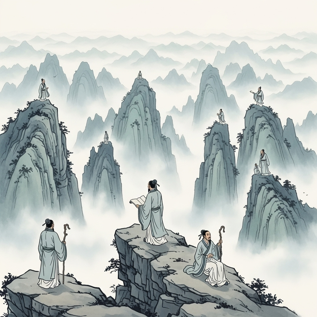 조고각하 Multiple traditional Asian scholars on different mountain peaks, each looking into distance, misty mountains in background, philosophical contemplation scene, watercolor painting style