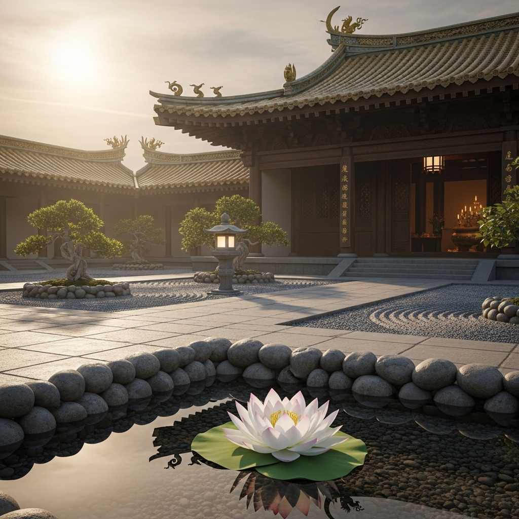 만법귀일 A serene, ancient Eastern temple setting with soft light, a single lotus flower blooming in a pond, symbolizing unity and wisdom. No text on the image.