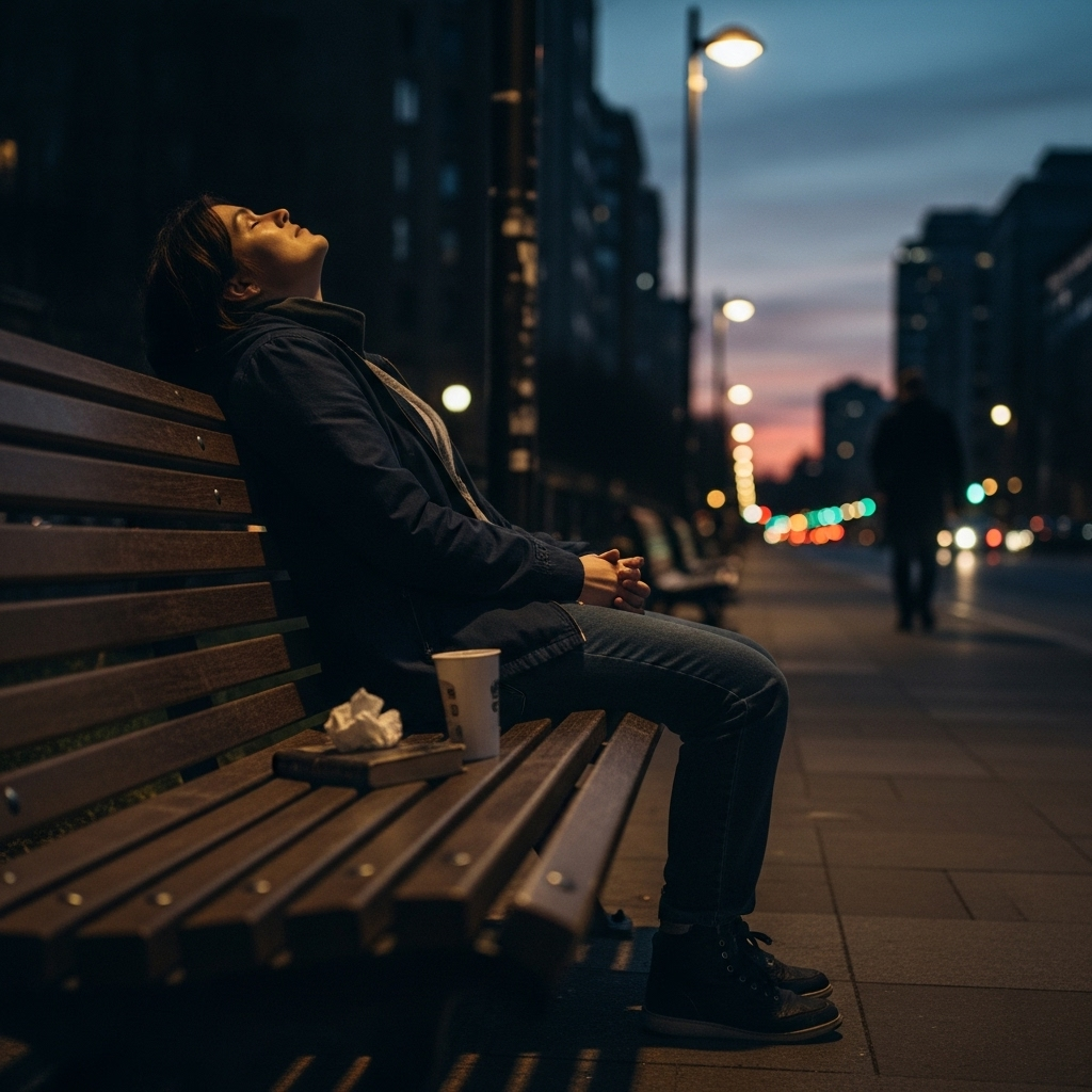 애별리고 A person sitting alone on a bench under a dim light, looking thoughtful and slightly sad. The background is blurred, suggesting a quiet, melancholic atmosphere. The image should convey a sense of introspection and gentle sorrow, without being overly dramatic. No text in the image.
