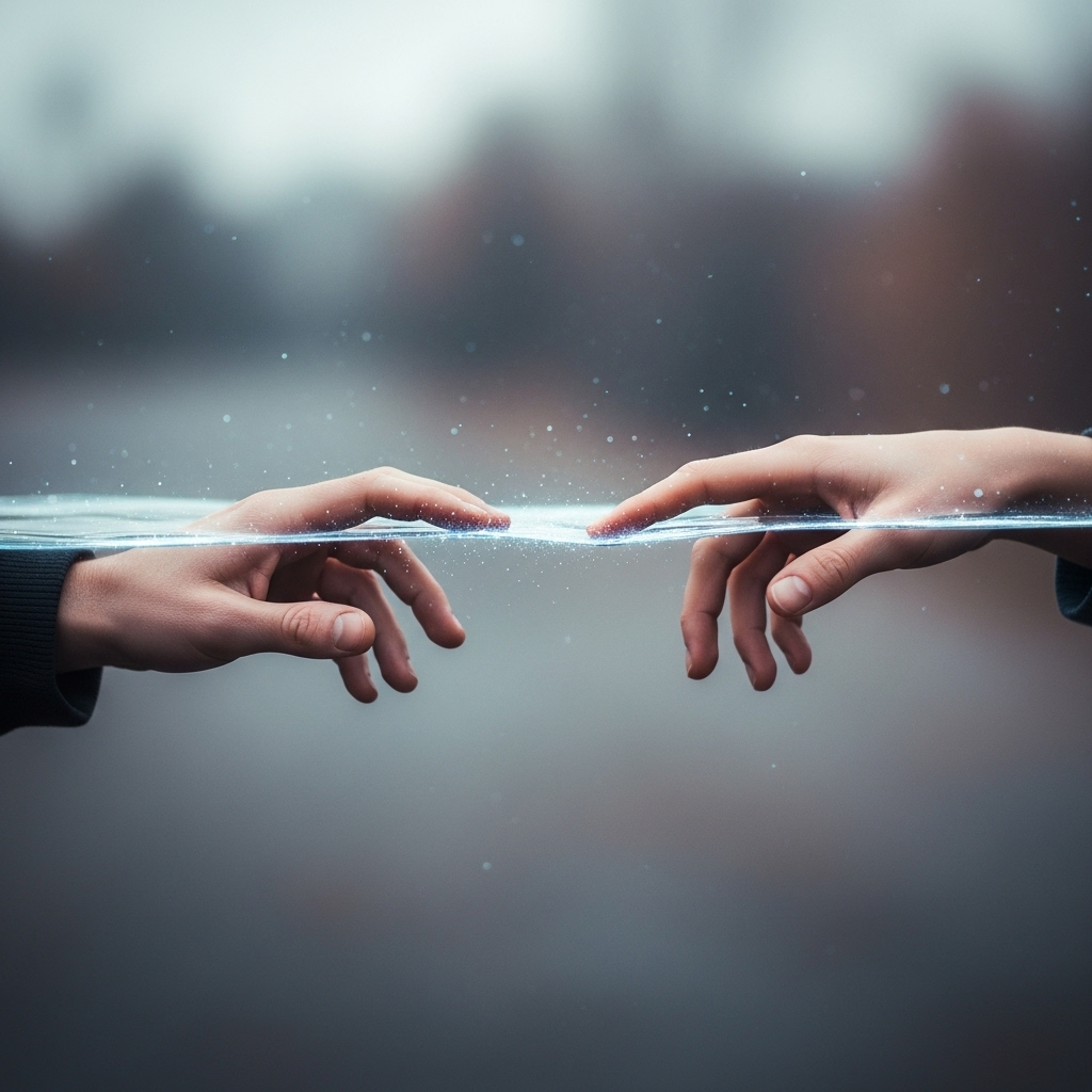 애별리고 A metaphoric image showing two hands reaching out but unable to touch, with a subtle, shimmering barrier between them, symbolizing separation. The colors are soft and muted, conveying a sense of longing and distance. No text in the image.