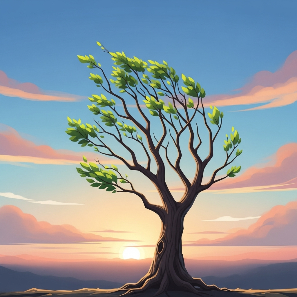 애별리고 A stylized image of a strong, solitary tree standing firm against a gentle wind, with new green shoots emerging from its branches. The background is a soft, hopeful sunrise. This image represents resilience and new beginnings after hardship. No text in the image.