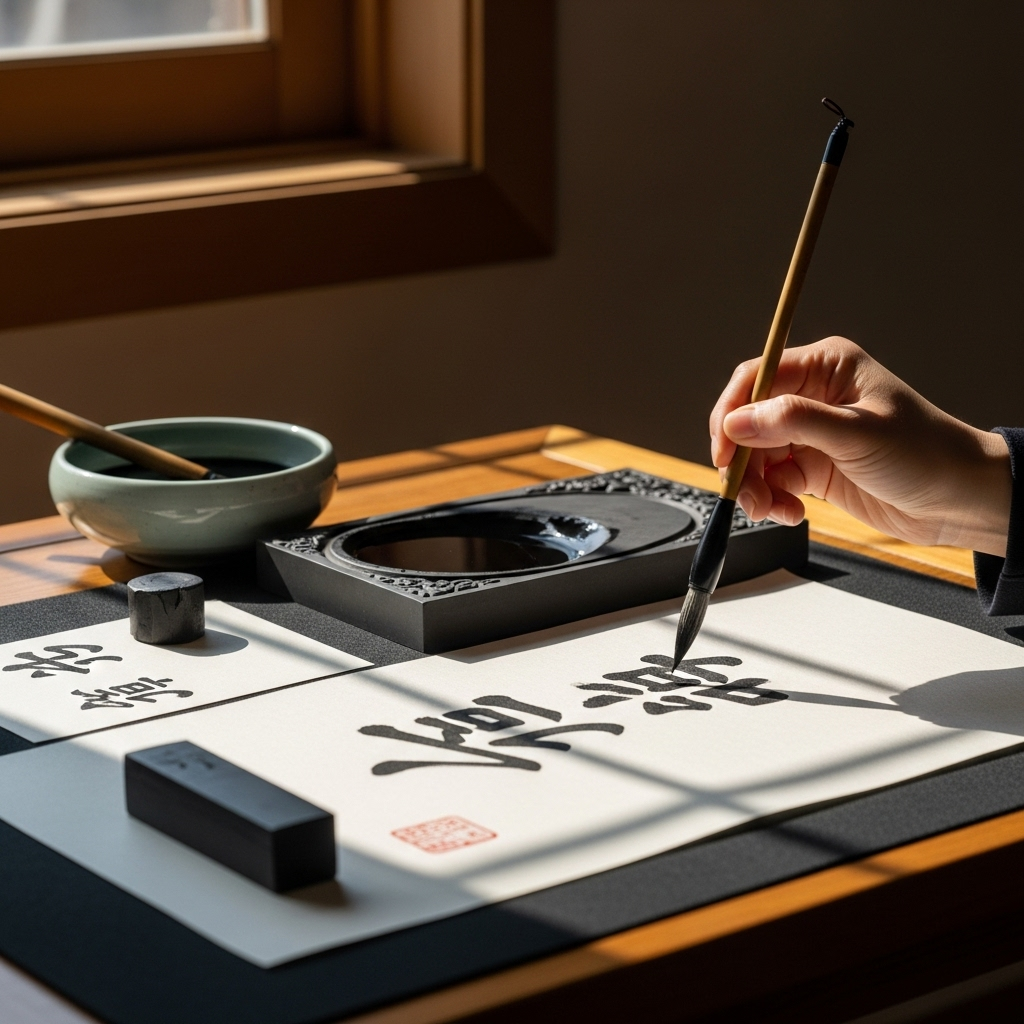 Traditional Korean calligraphy brush writing elegant Chinese characters on white paper with ink stone and water bowl beside it, warm natural lighting, peaceful study atmosphere