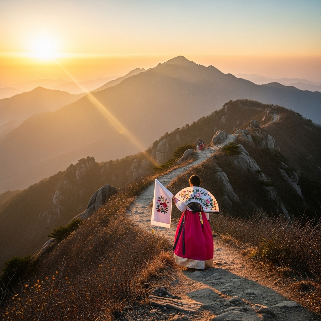 Person walking up mountain path during golden hour sunrise, carrying traditional Korean hanbok elements, symbolizing journey toward goodness and prosperity, scenic mountain landscape background