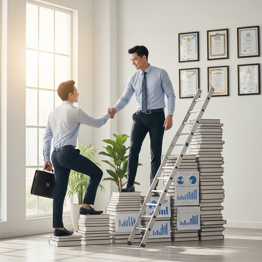 Modern office worker helping colleague while climbing corporate ladder made of books and documents, representing ethical success and mutual support, bright professional environment