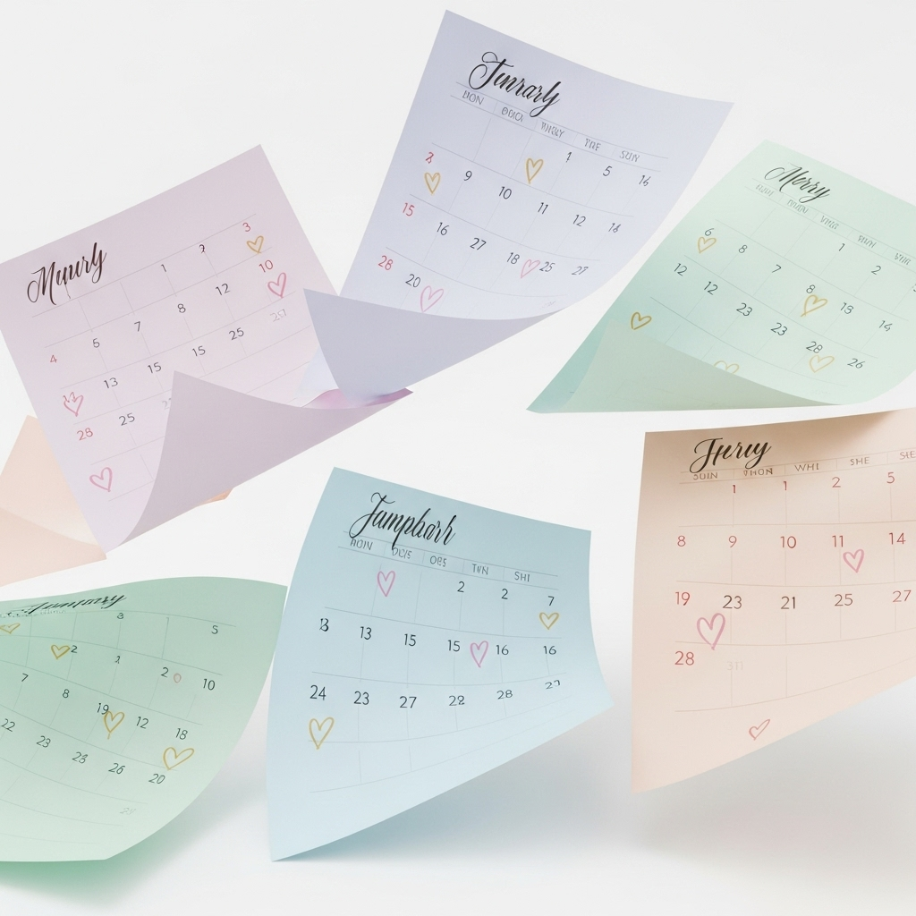 Calendar pages floating in gentle breeze showing daily good deeds marked with small heart symbols, soft pastel colors, representing consistent daily kindness and virtue