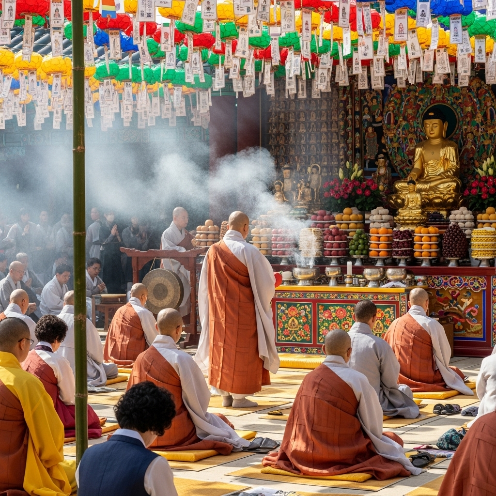 An outdoor Buddhist ceremony in ancient Korea with monks, believers gathering around a raised platform, prayer flags, and incense smoke creating a solemn yet bustling religious atmosphere