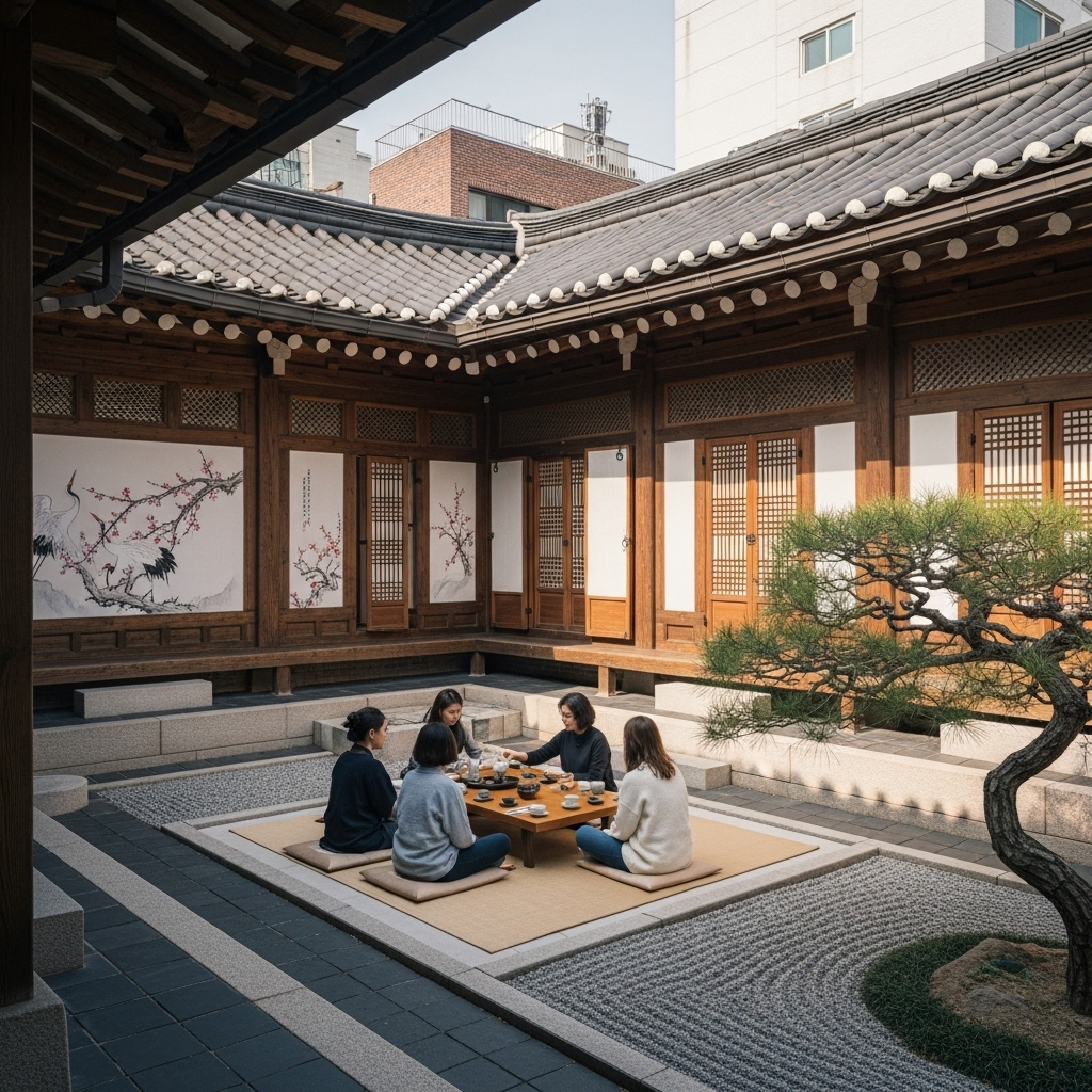 A peaceful Korean traditional courtyard with a small group of people having a quiet tea ceremony, showing the contrast between chaos and harmony, with traditional architecture and nature in the background