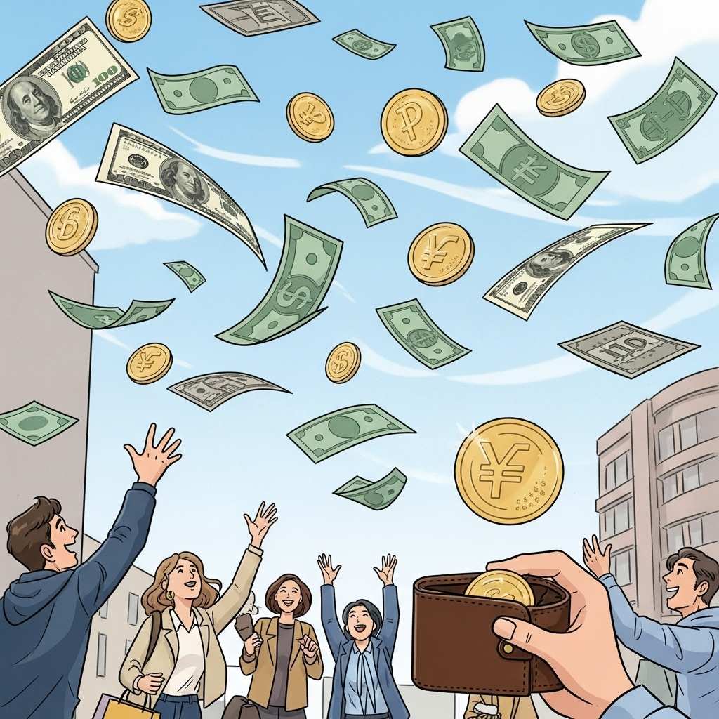 A vibrant and dynamic illustration of money flying around in a playful but slightly chaotic manner, with various coins and banknotes swirling. The background shows subtle historical elements blending with modern cityscapes, suggesting a timeless theme of spending. No text on the image.