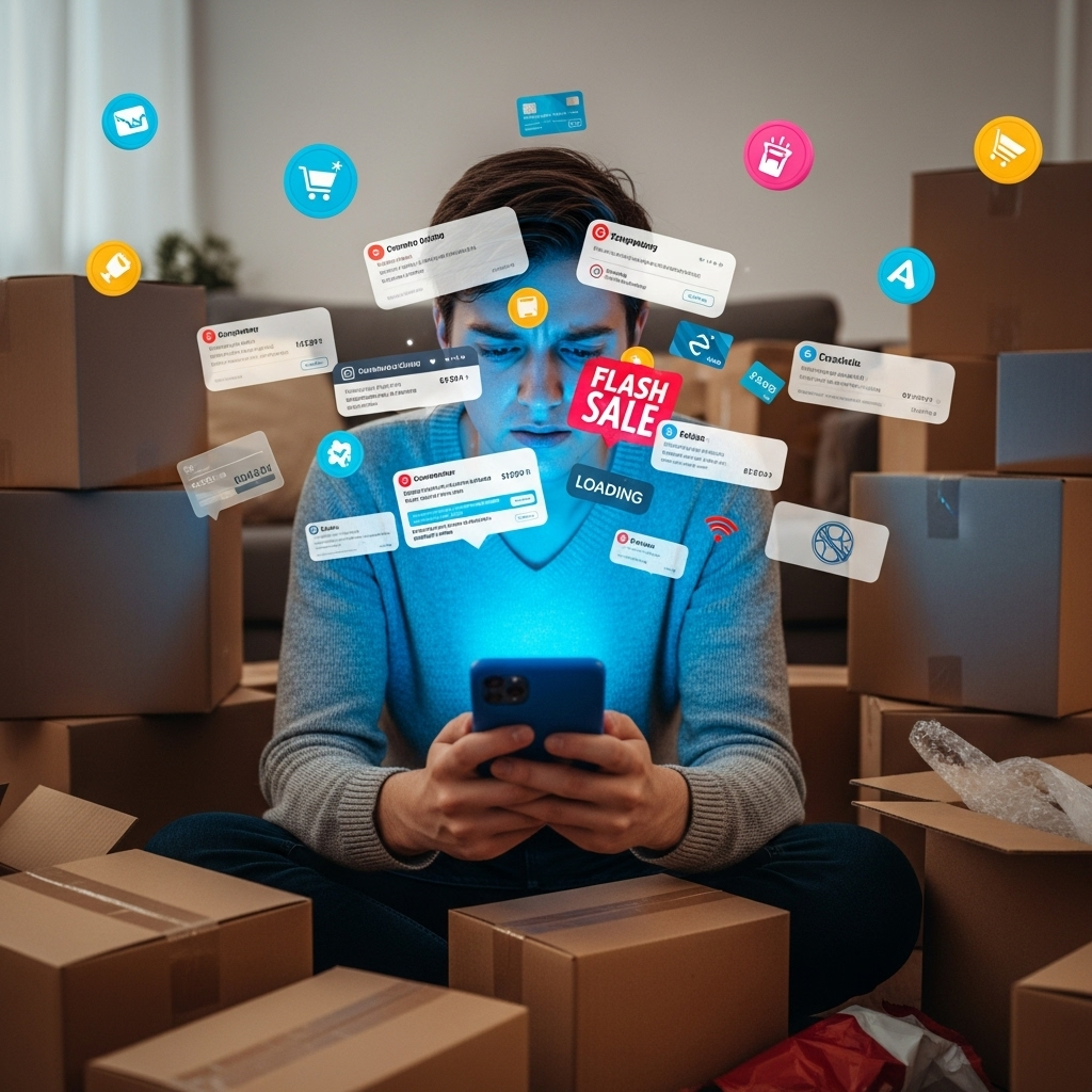 A modern individual, surrounded by numerous online shopping notifications and delivery boxes, looking overwhelmed and slightly regretful while holding a smartphone. The background shows a chaotic mix of digital pop-ups and credit card icons. No text on the image.