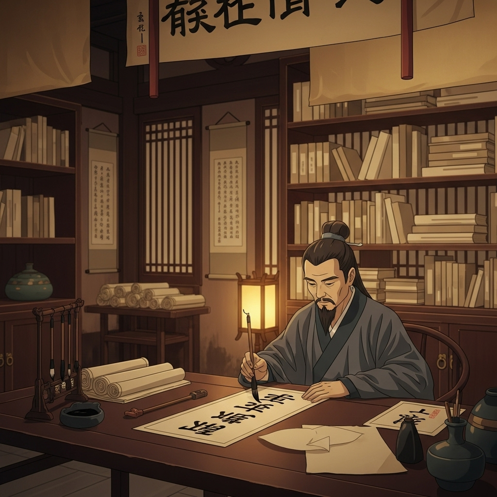 Ancient Chinese scholar writing calligraphy with traditional brush on paper, classical study room with books and scrolls, warm golden lighting, peaceful atmosphere