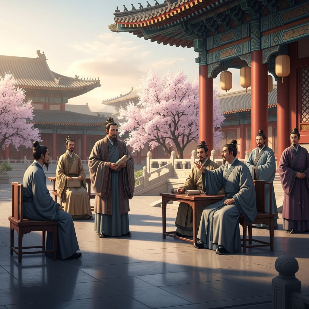 Traditional Chinese historical scene with ancient palace courtyard, officials in traditional robes discussing, cherry blossom trees, soft morning light